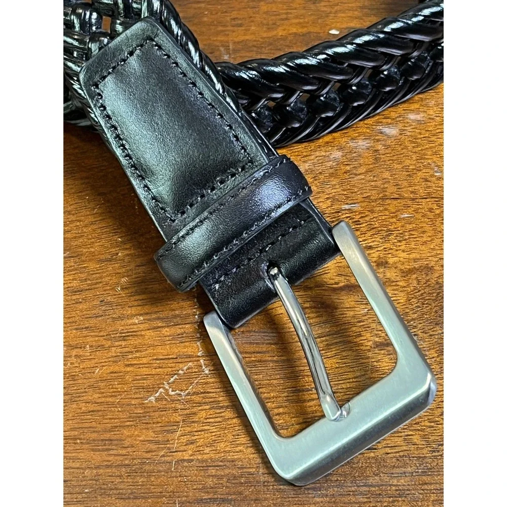 Men's Black Braided Woven Faux Leather Belt Size 42/105 Silver Buckle Casual
